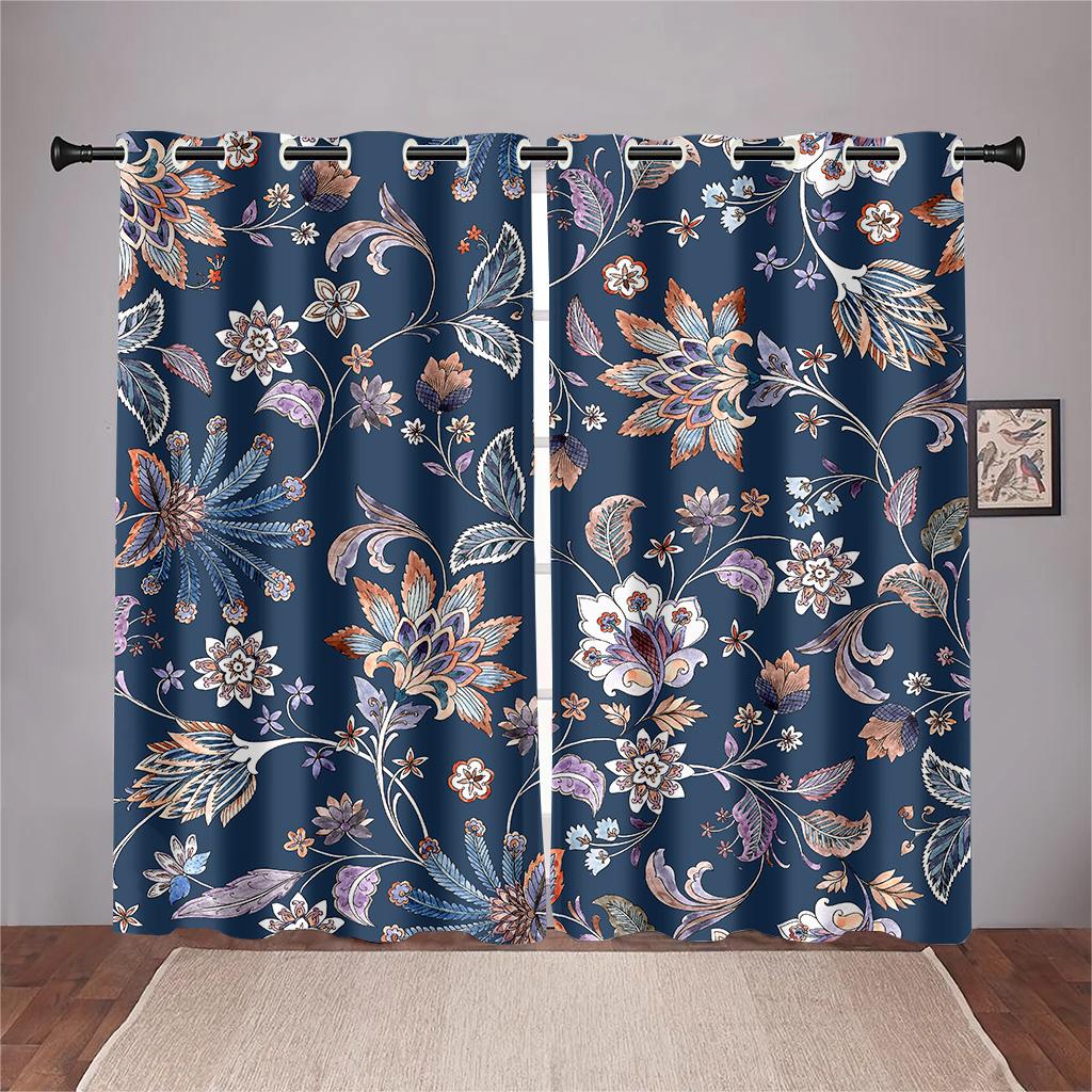 Blue Pink Floral Curtains Plant Flowers Leaves Black Background Curtains 2 Panel Living Room Bedroom Kitchen Dining Room Decor