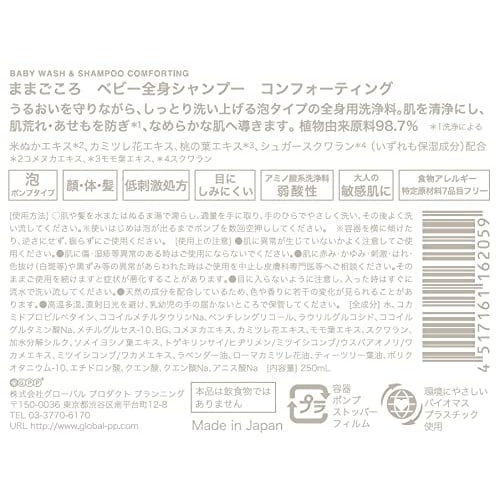 Mamagokoro Foaming Body Shampoo for Sensitive Skin In Babies and Adults, 250ml (98.7% Plant-Derived, Mildly Acidic, Amino Acid-Based, Gentle On Face,