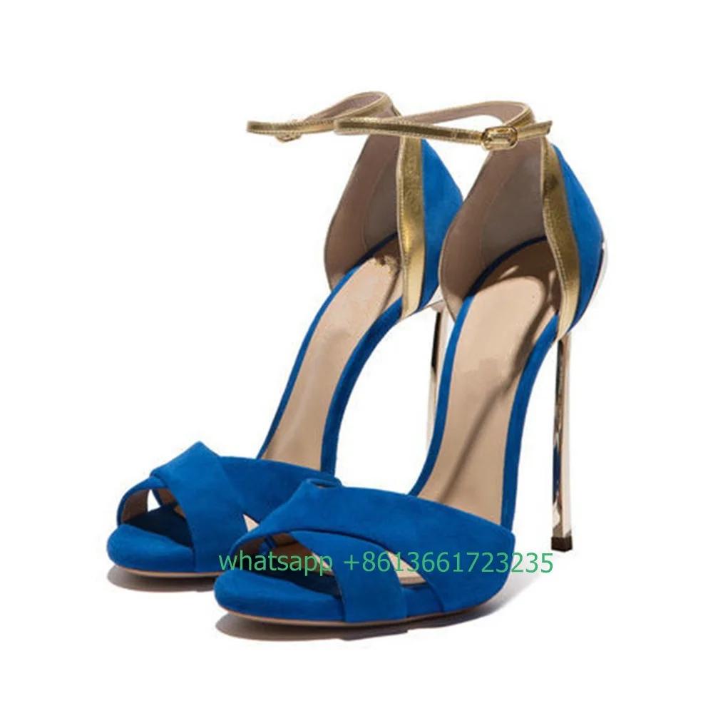 Blue/gold Mixed Color Sandals Peep Toe Suede Cross Strap Stiletto High Heels Women Pumps 2025 Summer Gladiator Shoes