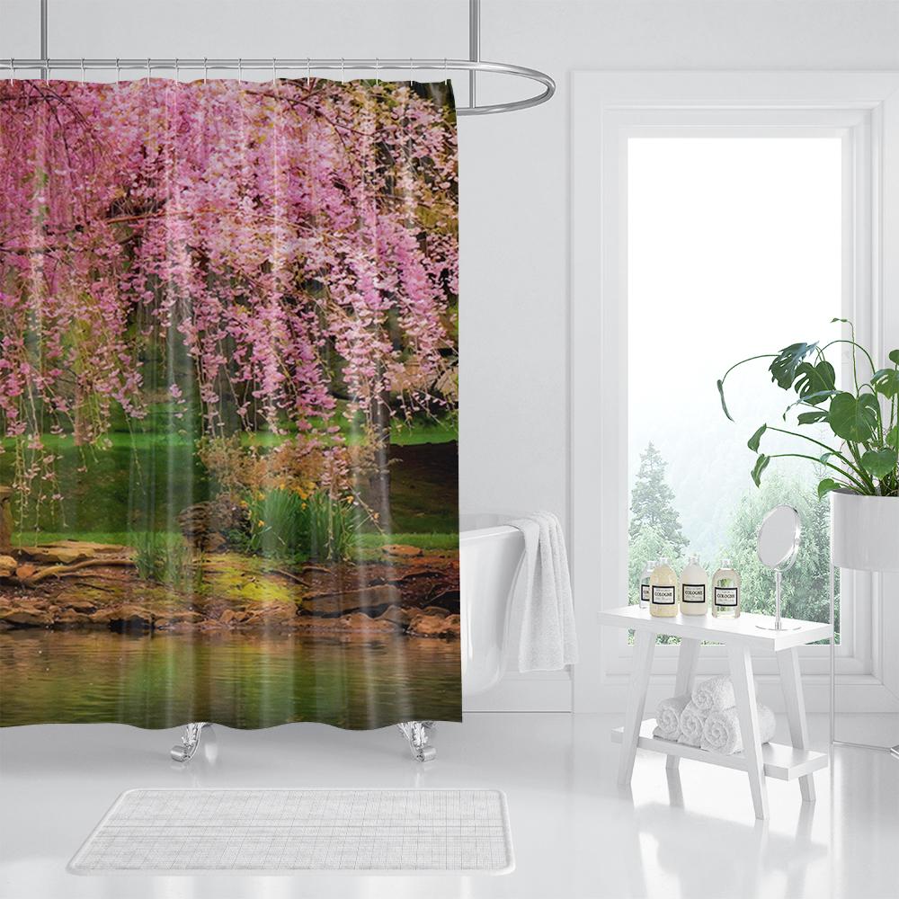 Waterproof Fabric 3D Shower Curtain Bathroom Curtain Pink Tree Landscape Polyester Bath Curtain Decorate With Hooks Cortina
