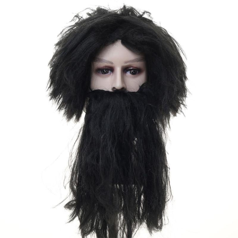 Authentic Long Black Wildman Wig And Beard Costume Set For Halloween Celebrations