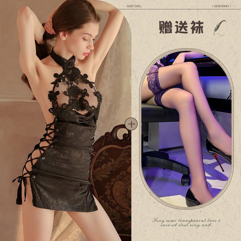 Sexy Lingerie Cheongsam Seduction Passion Hollow Strap High Split Fork Free Uniform Set