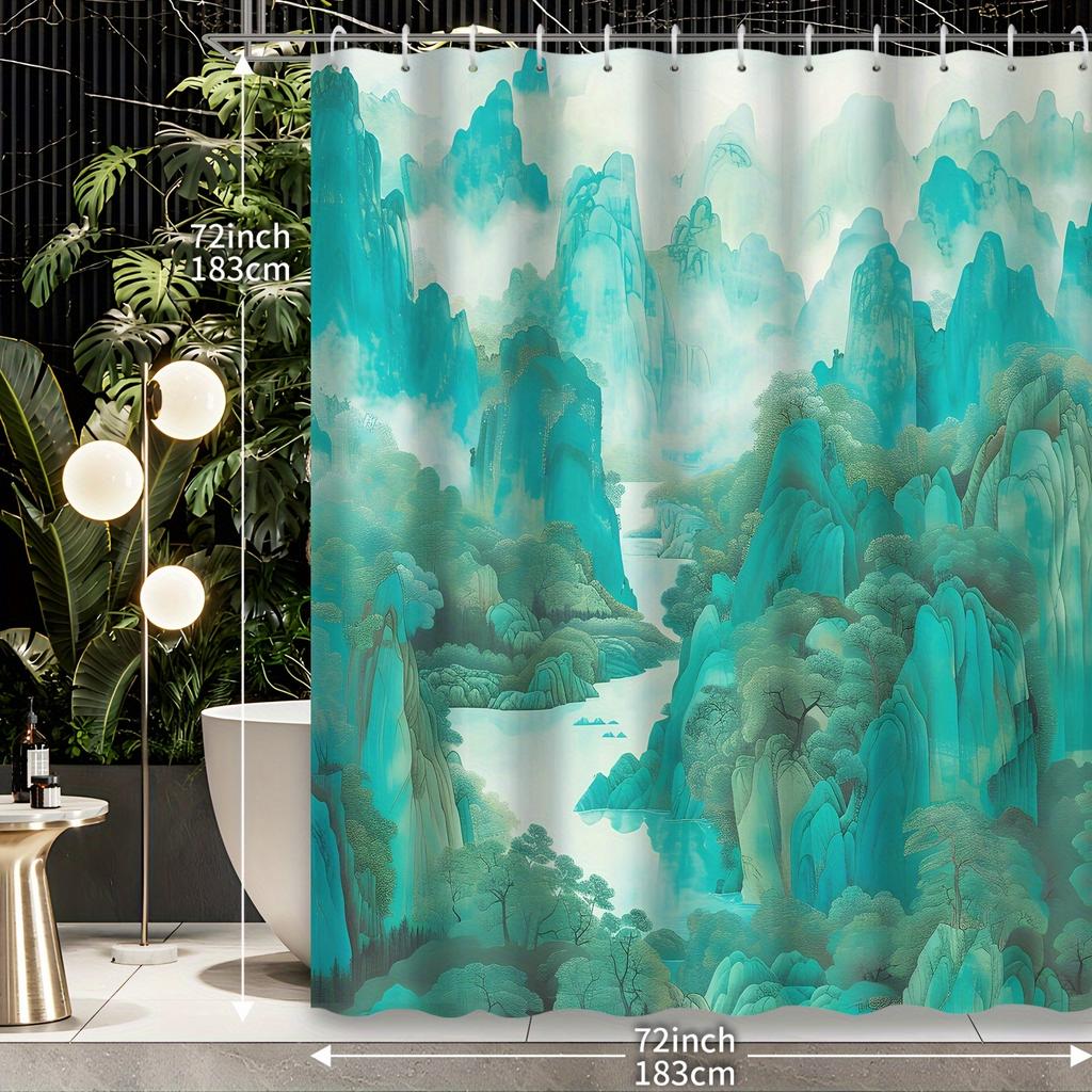 1pc Chinese Style Artistic Conception Zen Life Green Theme Mountain River Forest Tree Shower Curtain, Bathroom Decoration,