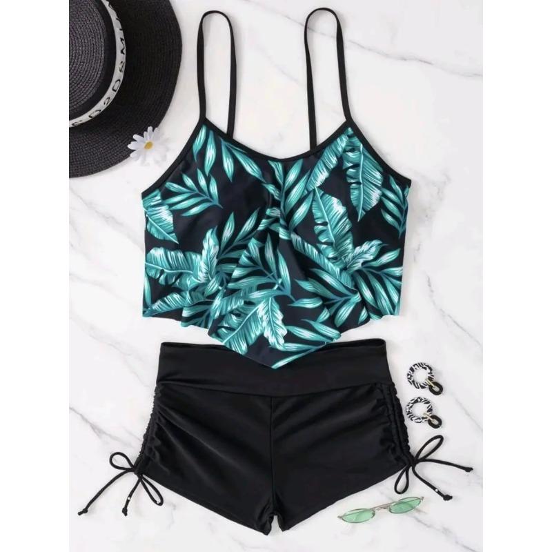 2026 New Sexy Swimwear High Waist Two Piece Bikini Leaf Print Swimsuit Tight Sling Beachwear Summer Women's Seaside Bathing Suit