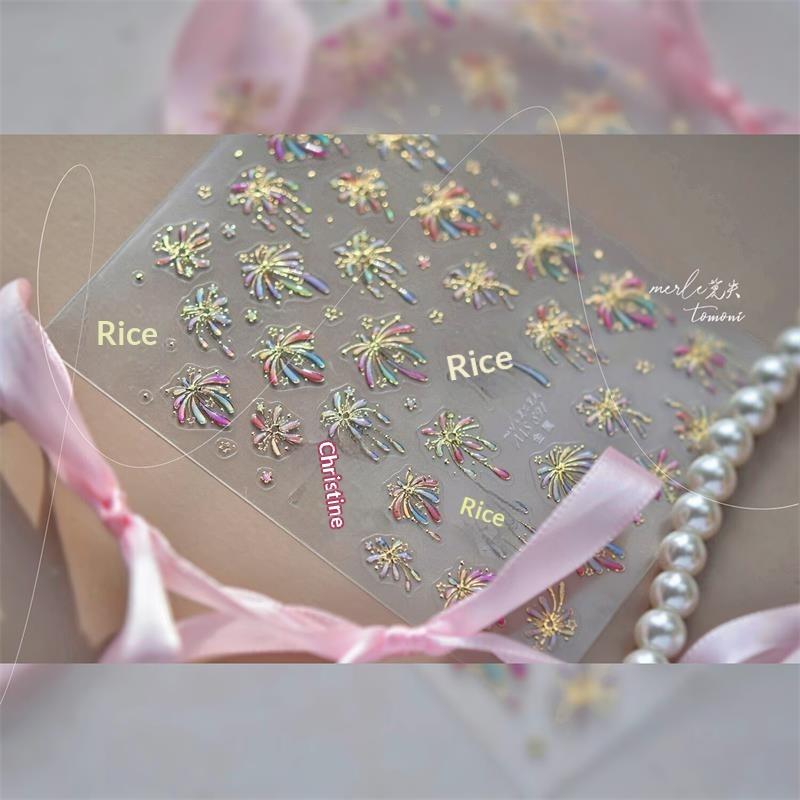 Pretty Colourful Firework Castle Shiny Romantic Pyrotechnics Embossment Self Adhesive Nail Art Stickers New Year Manicure Decals