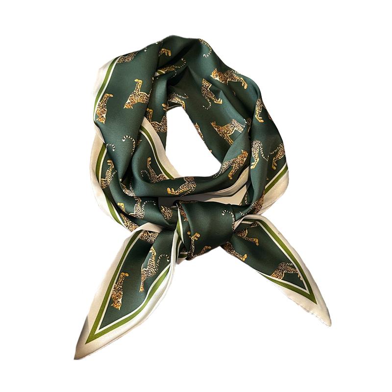 Gold Color Leopard Pattern Small Silk Scarves Long Narrow Silk Feel Double-Sided Scarf for Women Lady Headband Shawl Hairband