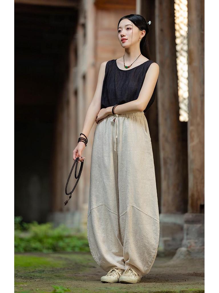 Women's Spring Retro Zen Loose Ramie Cotton Linen Harem Pants for Kung Fu Meditation