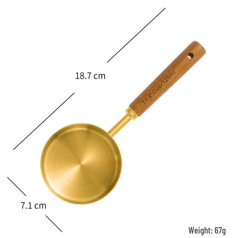 Gold-Plated Stainless Steel Measuring Cups & Spoons Set with Acacia Wood Handles, 8-Piece Kitchen Baking Tools.