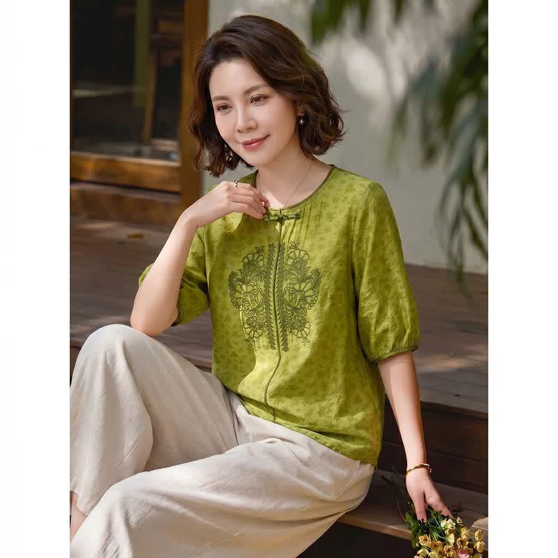 Women's Chinese Style Embroidered Top & Wide-Leg Pants Set