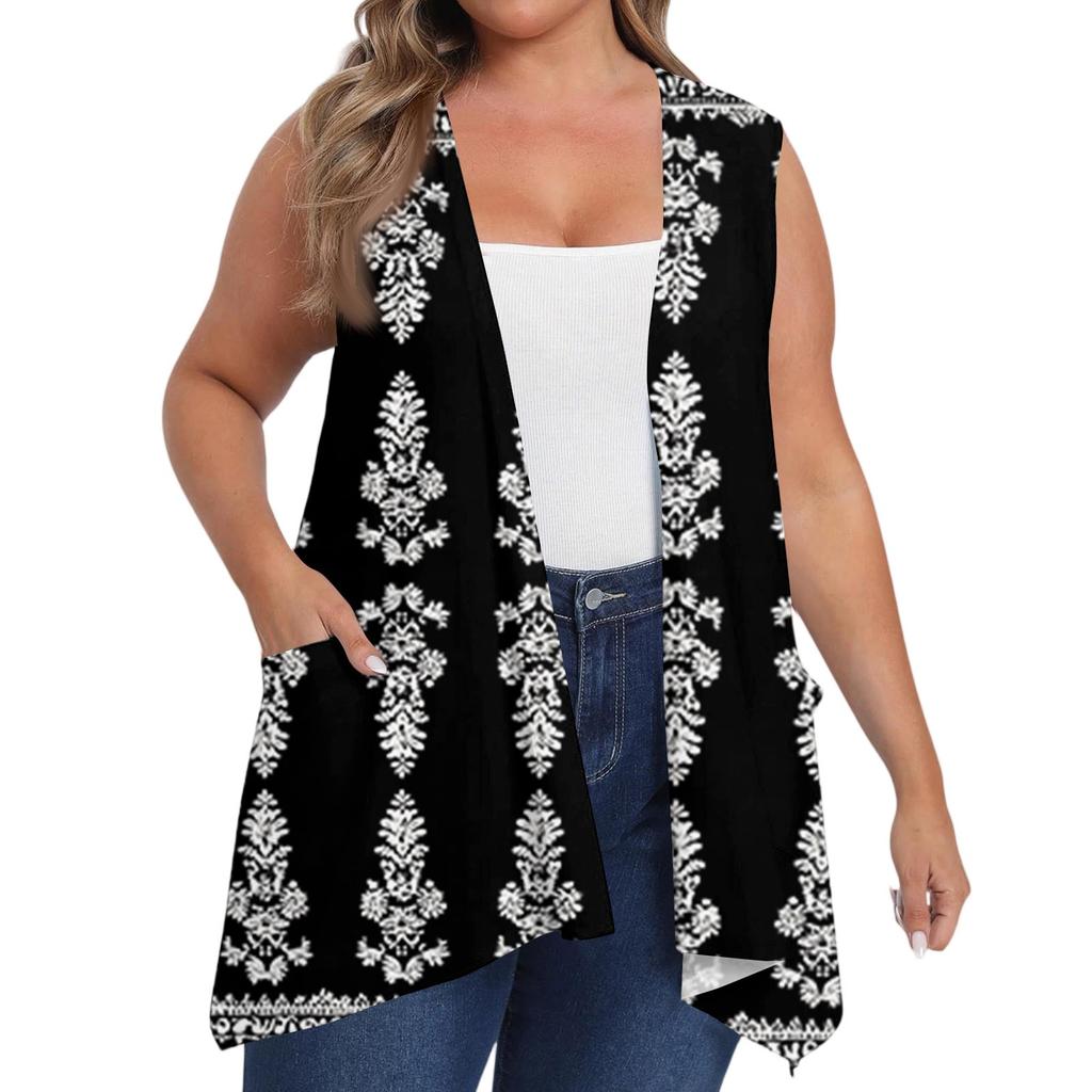 Women's Oversized Loose Casual Printed Sleeveless Vest With Pocket Cardigan Jacket Cardigan Jacket