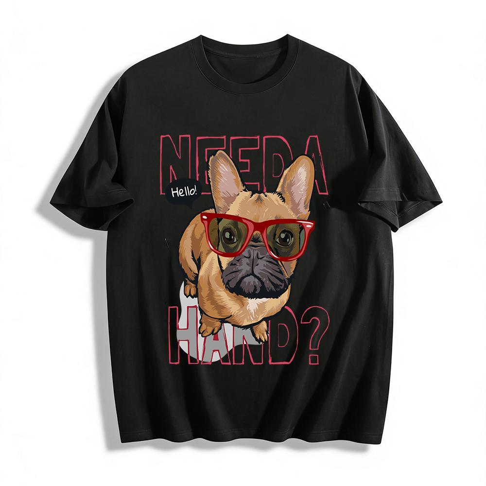 Cute Sunglasses French Bulldog Print Casual Crew Neck T-Shirt Pure cotton T-shirt XXS