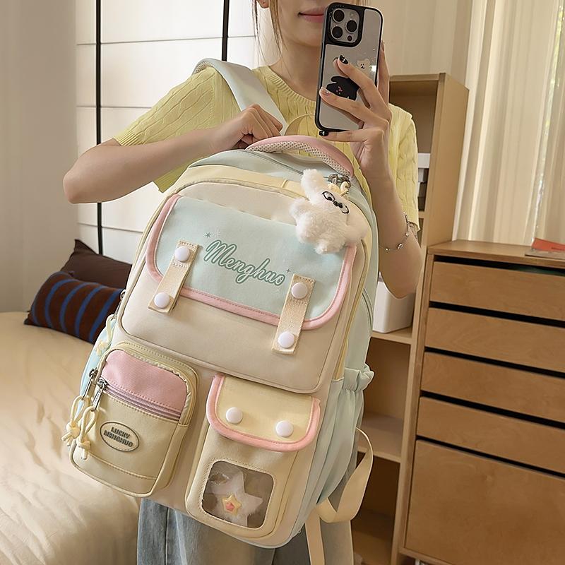 Sac d'école pour collégienne Sac à dos pour ordinateur à blocs de couleurs pour femmes Grande capacité Sac à dos pour livres