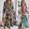 Rochie Maxi de Damă cu Decolteu în V și Mânecă Lungă, Imprimeu Floral, Rochii Casual Boho Fluide