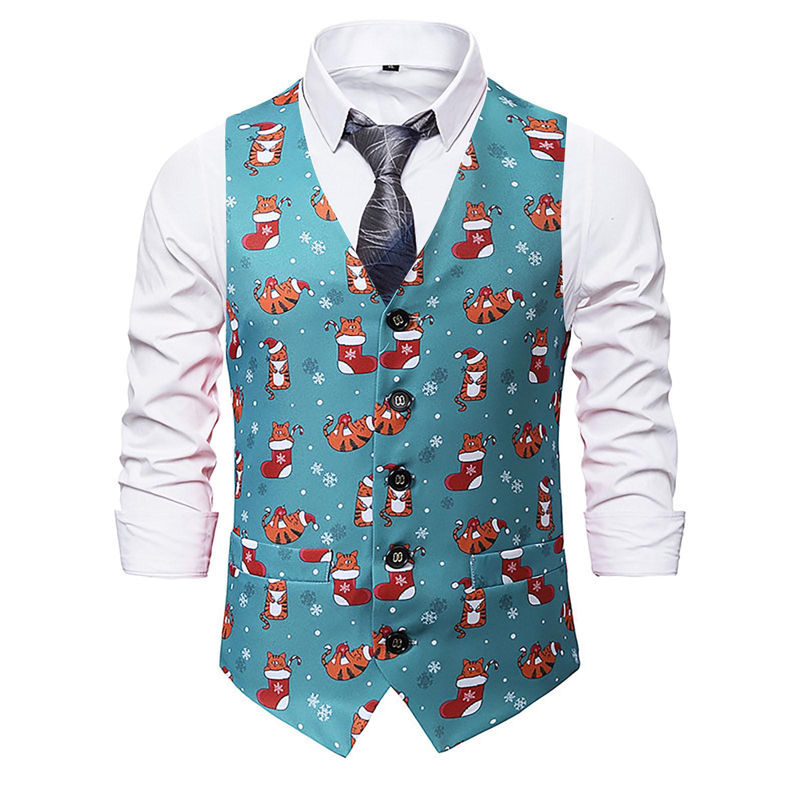 

Mens Snowman Xmas Christmas Fancy Vest Vintage Button Up Party Sleeveless Jacket XXL