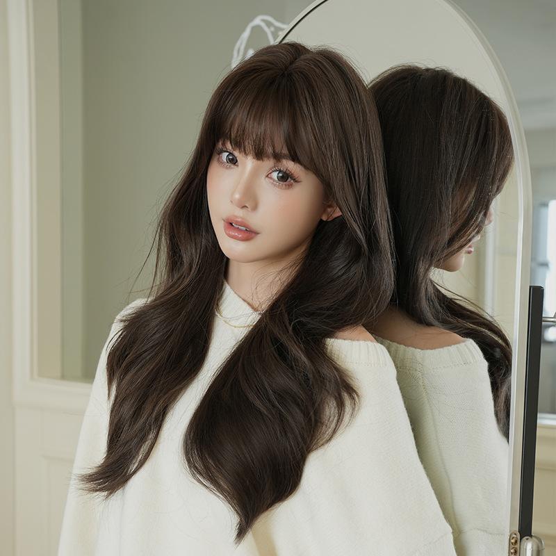 Women’s Fashion Long Curly Wig with Blunt Bangs Natural Looking Big Waves Synthetic Full Wig