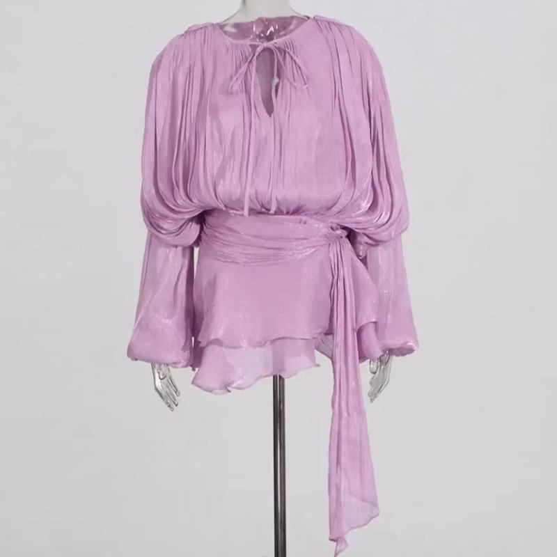 Women's Elegant Two-Piece Summer Outfit: Ruched O-Neck Mini Dress with Long Lantern Sleeves + Solid Color Chic Shorts