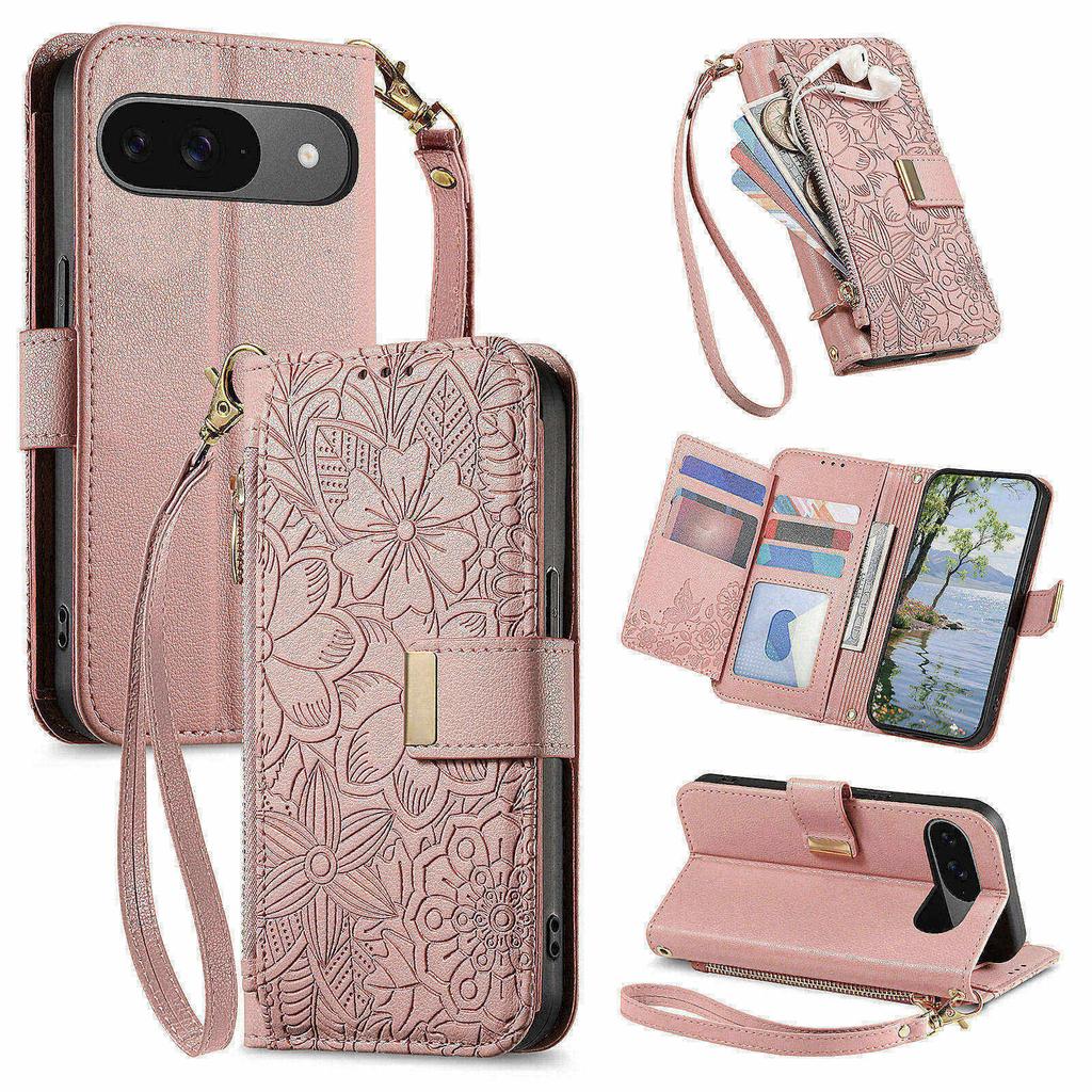 Phone Case For Google Pixel 9 Pro  / 9 Floral Leaf Pattern Multi Card Slots Zipper Leather Phone Cover with Wrist Strap