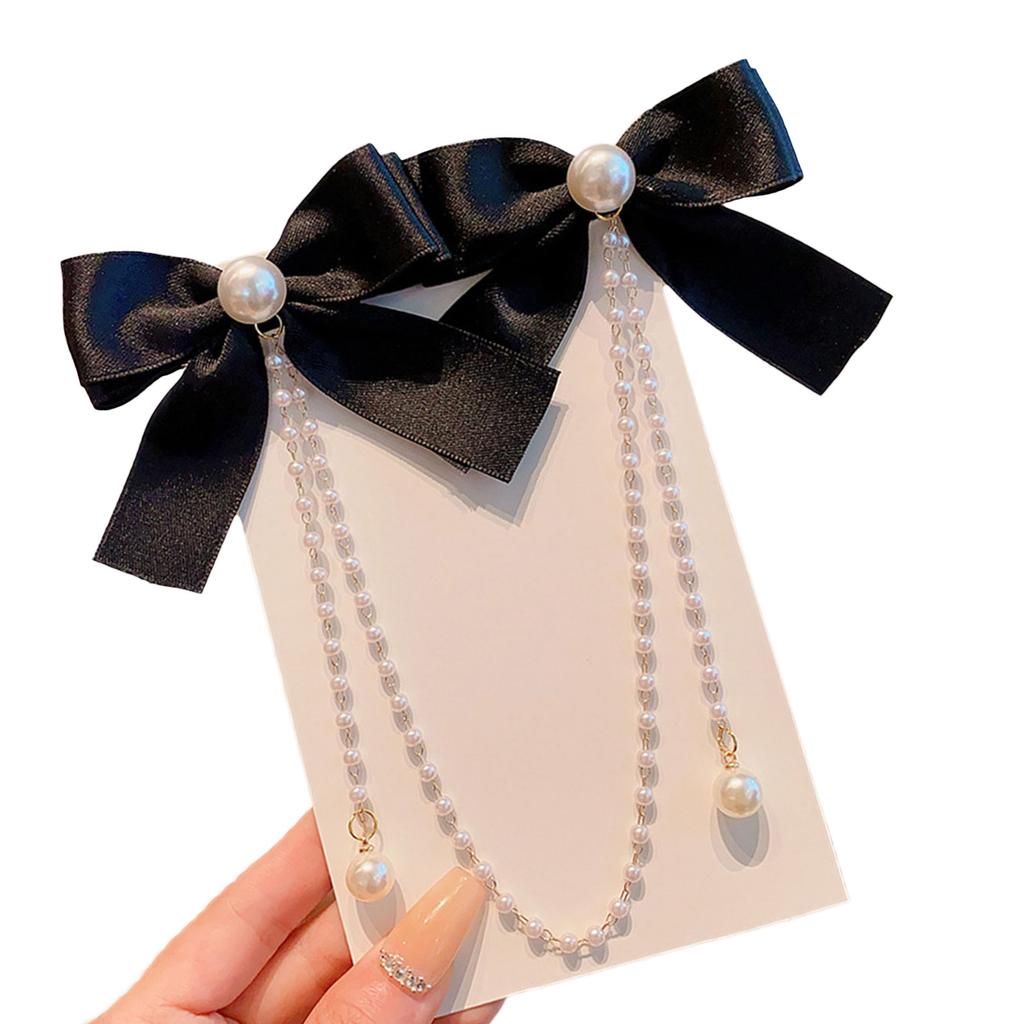 Elegant Double Bowknot Hair Clip for Kids with Tassel Pearls Designs Perfect for Little Girls Daily Wear and Event