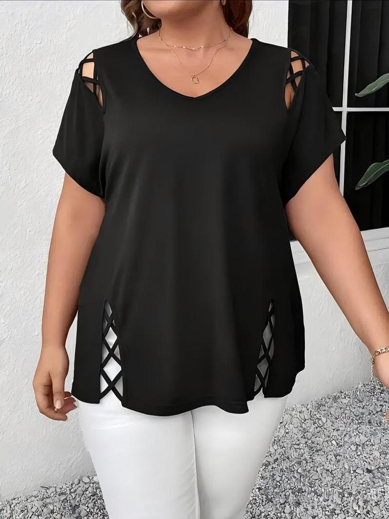 Women V Neck Short Sleeve Top Side Cut Out Design Casual Blouse Multiple Colors