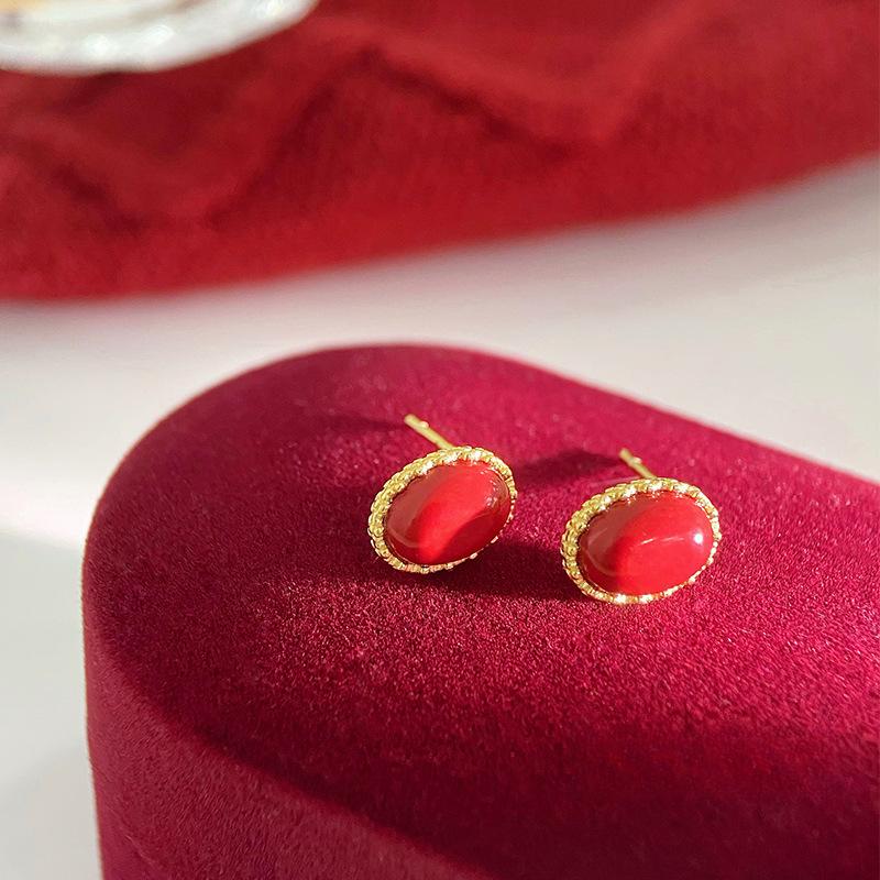 Imitation of Cinnabar Oval Earrings for Women In The Year of Zodiac Women's Red and Festive High-end Earrings