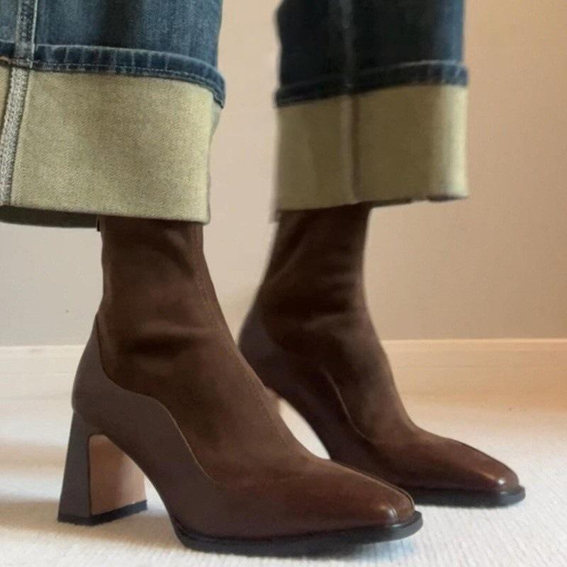 

French Vintage Splicing Brown Stretch Women s Head Back Zipper High Heel Short Boots Small Socks Boots 35 коричневый