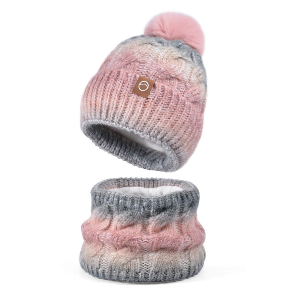 Women's Fashion Contrasting Color Wool Hat And Scarf Two-piece Set: Winter Gradient Pom-pom Knitted Hat, Warm Scarf And Hat Set