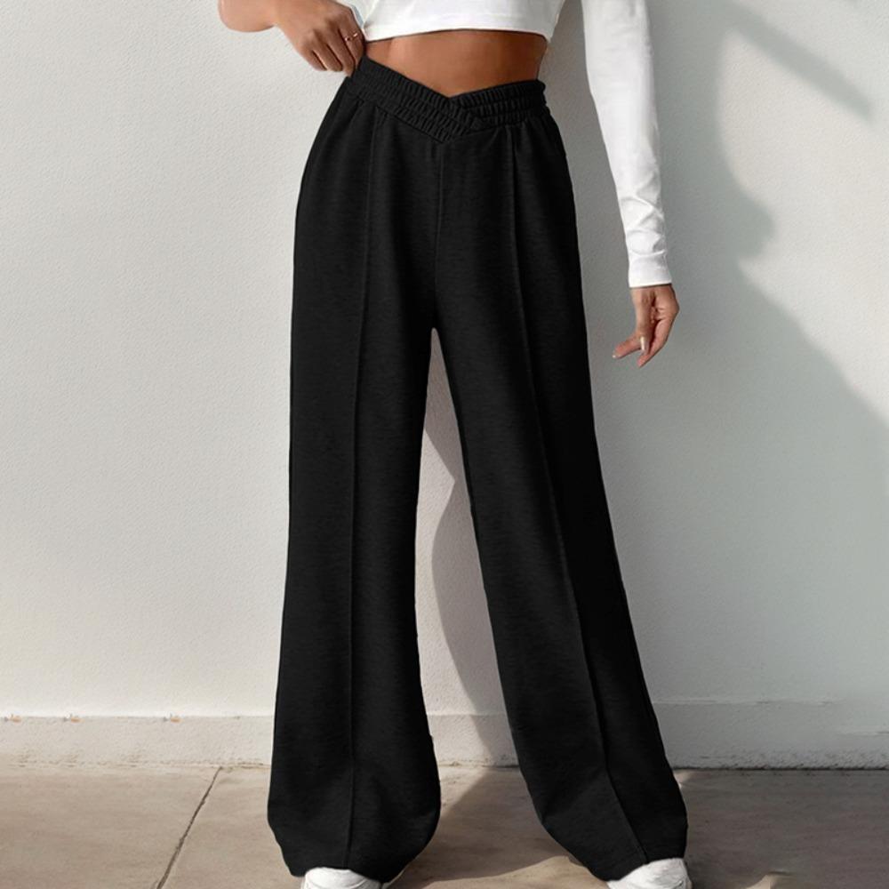 Women's Elastic V High Waist Wide Leg Pants Solid Color Casual Straight Long Trousers