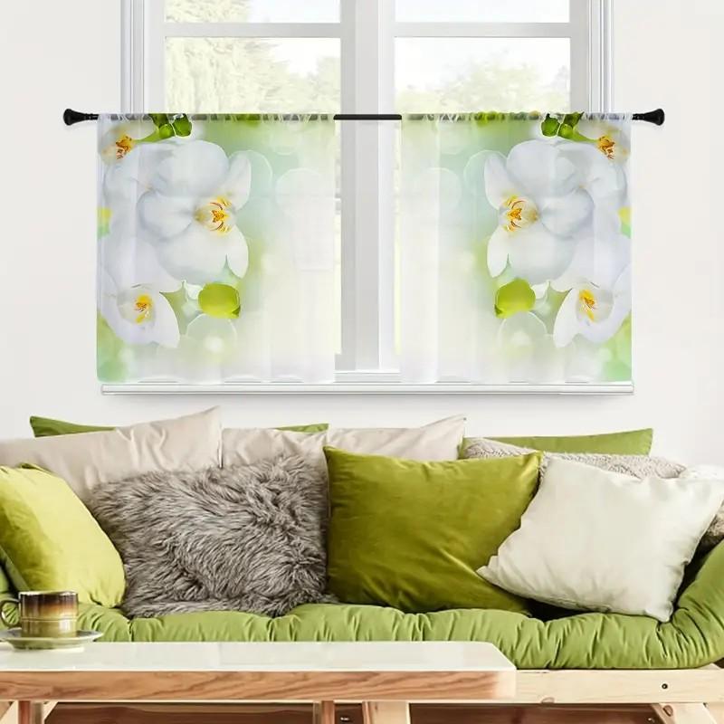 2pcs Elegant White Orchid Curtains: Suitable for Bedroom/Daily Use, Soft and Tranquil Wind Wearing Rod Cotton Curtains