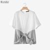 ZANZEA Women Casual Round Neck Short Sleeve Stripe Splice Loose Blouse
