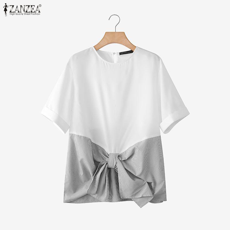 ZANZEA Women Casual Round Neck Short Sleeve Stripe Splice Loose Blouse