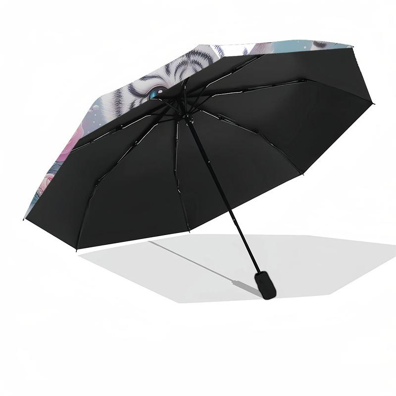 1pc Adorable White Tiger Cub with Pink Roses Umbrella with Plastic Handle,Suitable for All Seasons Home Travel Outdoor UmbrellaDD034