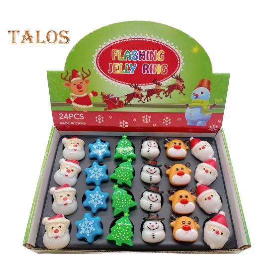6/24Pcs Christmas Ring Holiday Party Finger Lights Santa Snowflake Tree Snowman Reindeer Glowing Ring Festive Light-up Toys