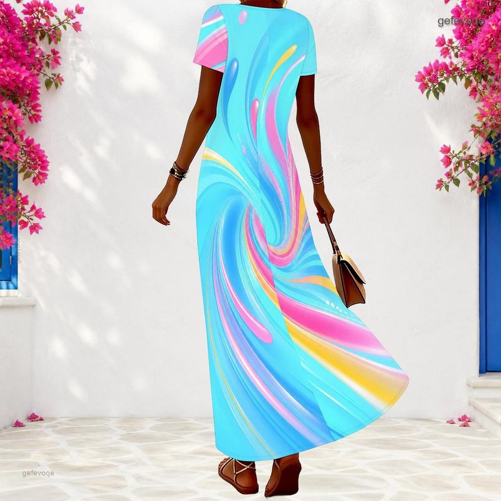 Women Plus Size V Neck Short Sleeve Light Blue Printed Maxi Dress