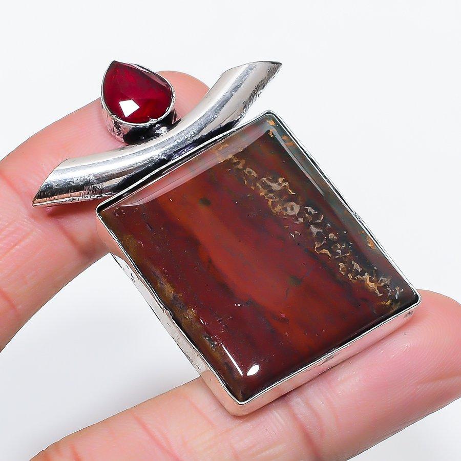 Natural Bloodstone, Garnet 925 Sterling Silver Jewelry Pendant 2.05" D2R53