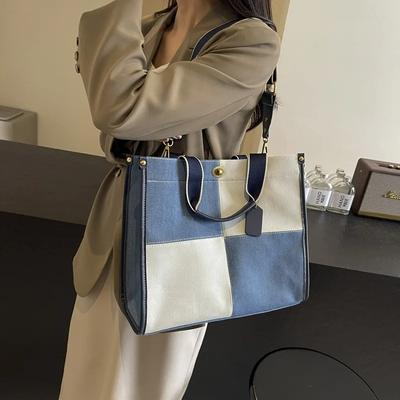Large Capacity Portable Tote Bag Women's Trend New Fashion Splicing Denim Commuter Shoulder Messenger Bag