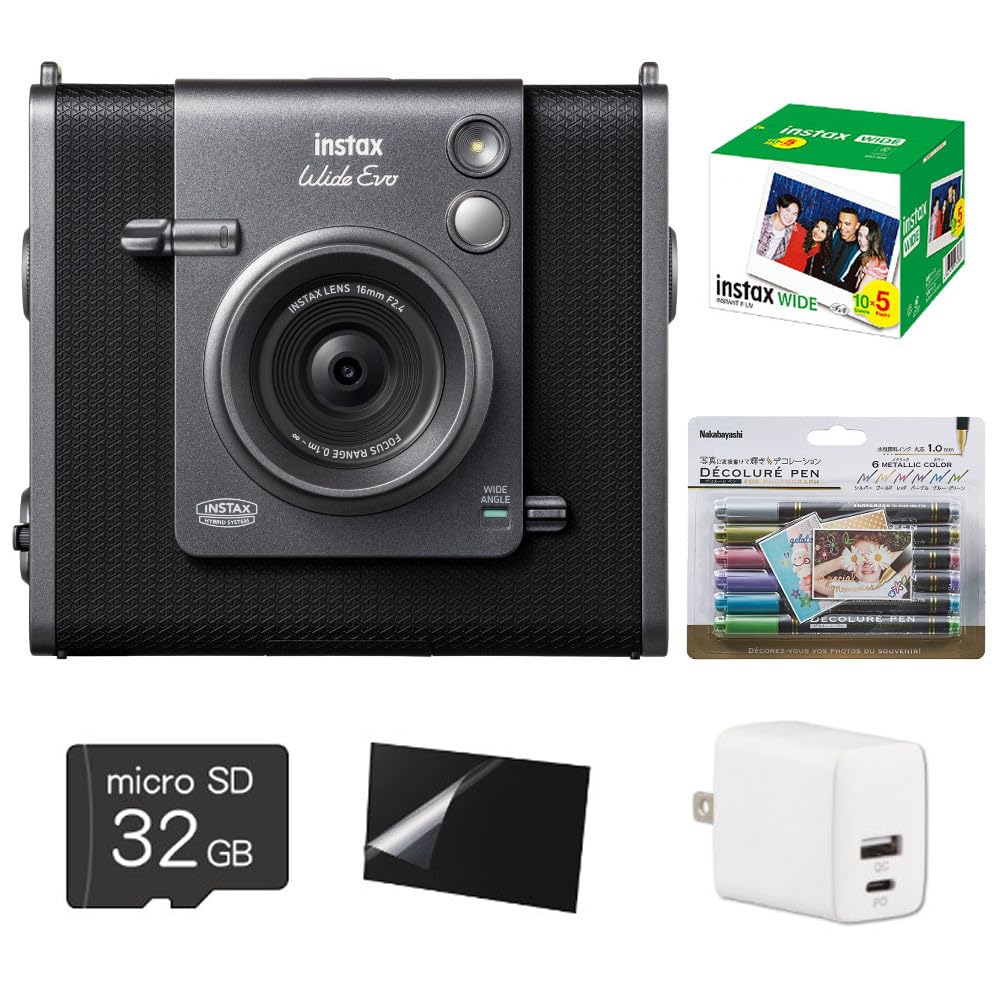 Instax WIDE Evo Film Set (50 Sheets), MicroSD Card, LCD Protective Film, USB Adapter, and Decorative Pen
