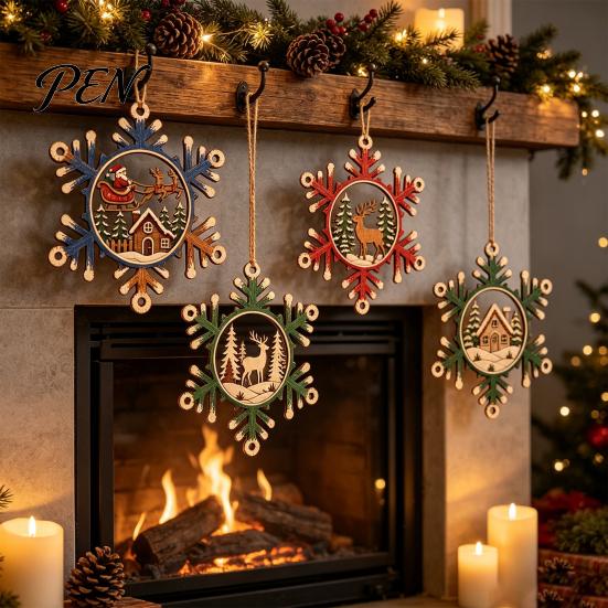 Wooden Snowflake Ornaments for Holidays 4 Pcs Christmas Ornaments, Rustic Hanging Decoration with Vintage Style Tree Pendants Elk Village House Design