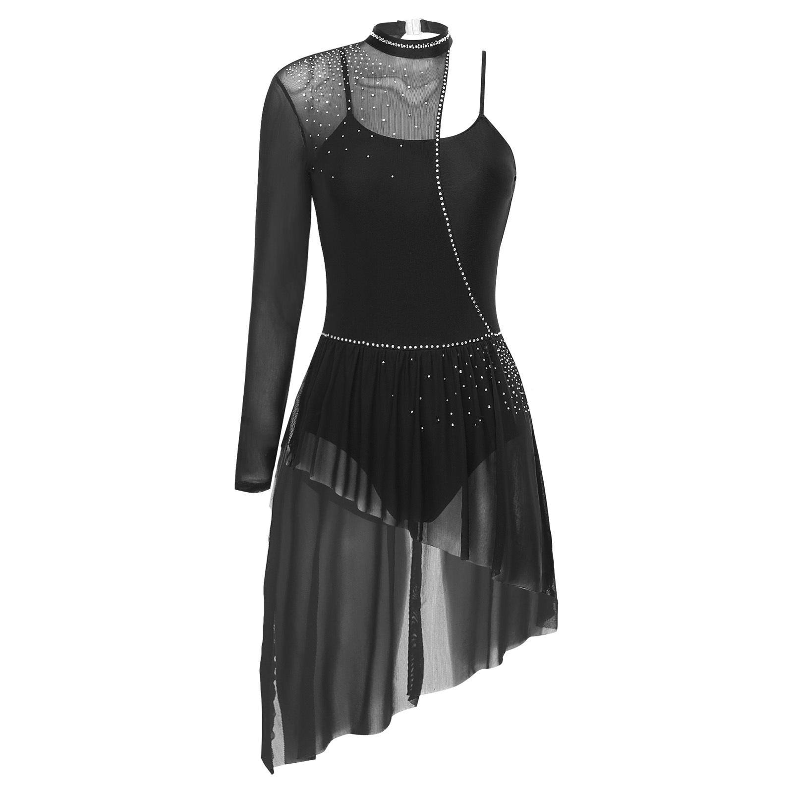 

Жіноча асиметрична сукня для ліричного танцю з довгим рукавом, на тонких бретелях, з клаптевим дизайном, нерівним подолом, для сценічних виступів M чорний