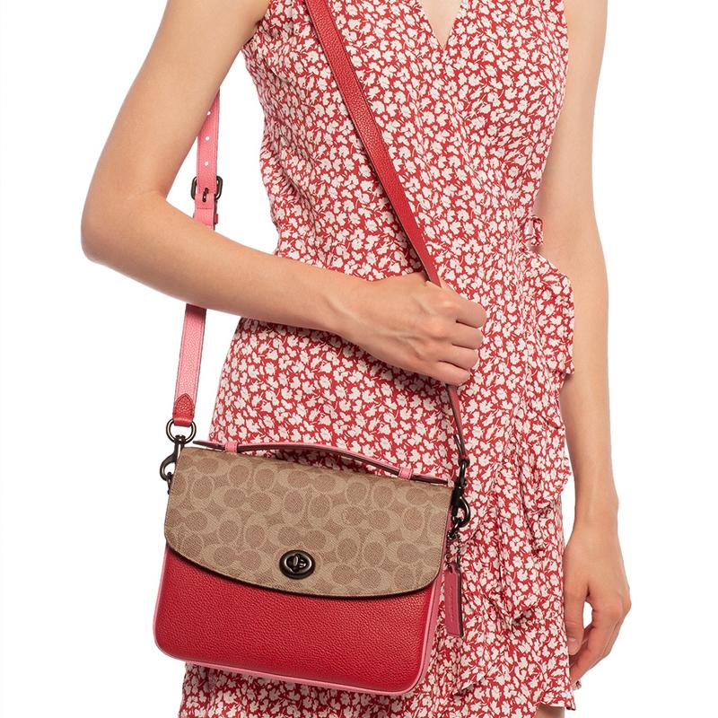 Coach Cassie Monogram Color Block Klappe Canvas und Leder Umhängetasche Damen Taschen Braun Gelb Rot 74091-V5P22
