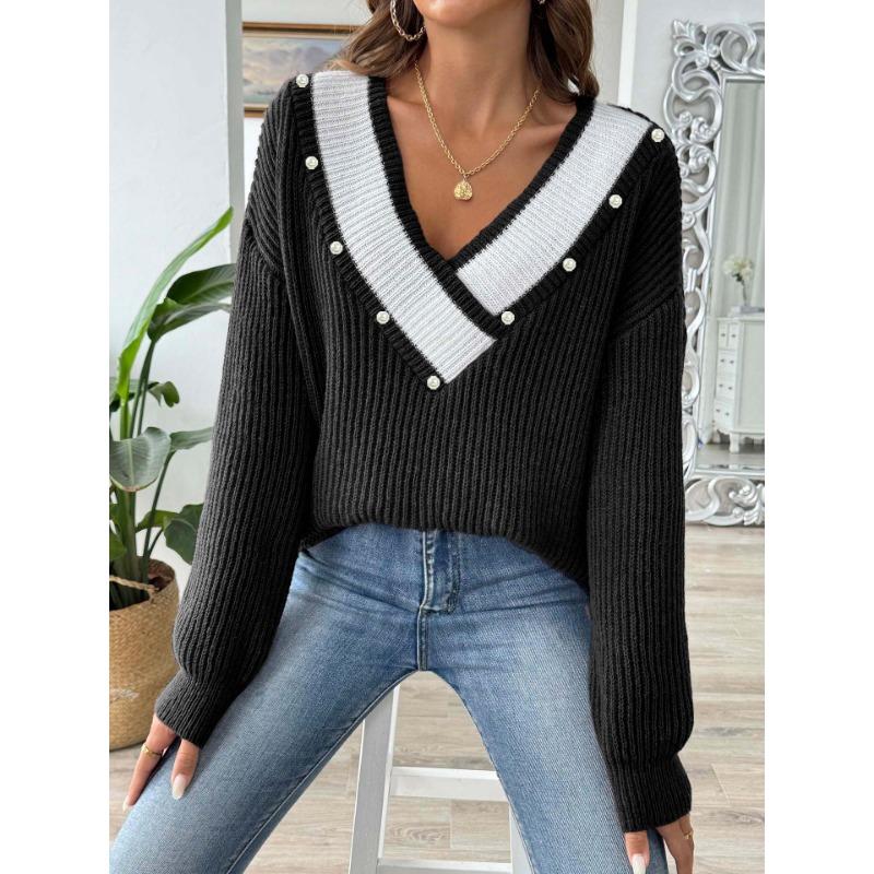 Women S Loose Fit V Neck Beaded Long Sleeve Pullover Sweater
