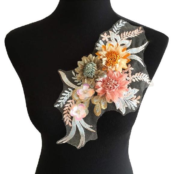 Colorful 3D Flower Embroidery Patches Beaded Sequins Flower LACE Patch Sewing Bridal Veil Wedding Dress DIY Wedding Dress Floral Costume Patch Decor