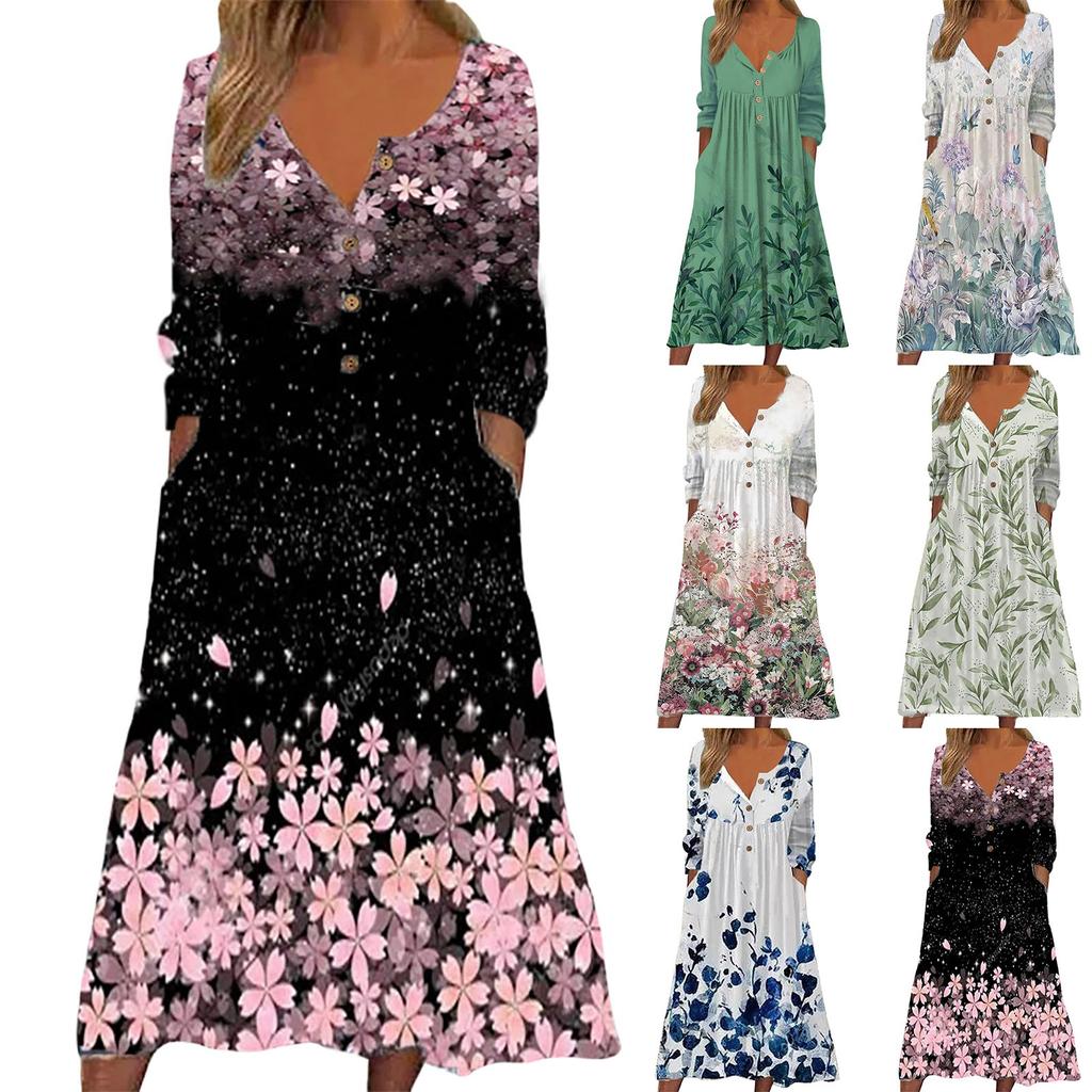 Ladies Casual Fashion Printed Round Neck Button Long Sleeve Dress With Pockets