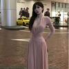 2026 Korean V-neck Lace Patchwork Long Sleeve Waist-Cinching Slim Dress - Spring/Autumn Socialite Style