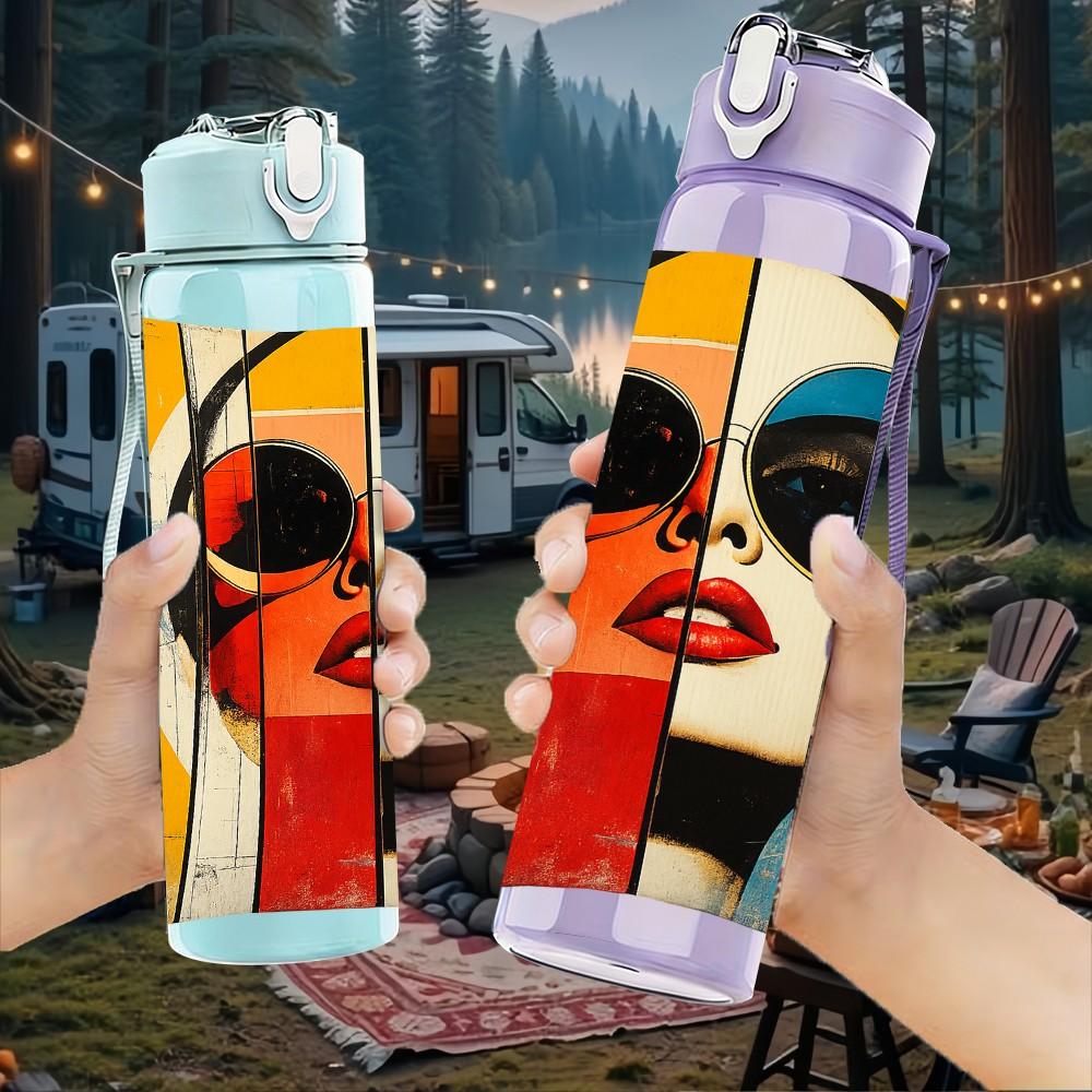 1PC Fashion Lady Sunglasses Split Print 750ml Color Plastic Sports Water Bottle Leakproof Flip Straw Lid Suitable for Sports Office Home Use