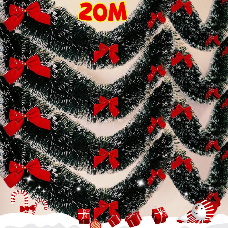20/2M Christmas Tinsel Ribbons with Bows Xmas Tree Hanging Pendent Green Cane Ribbon Madder Garland Party Home Decor Ornaments