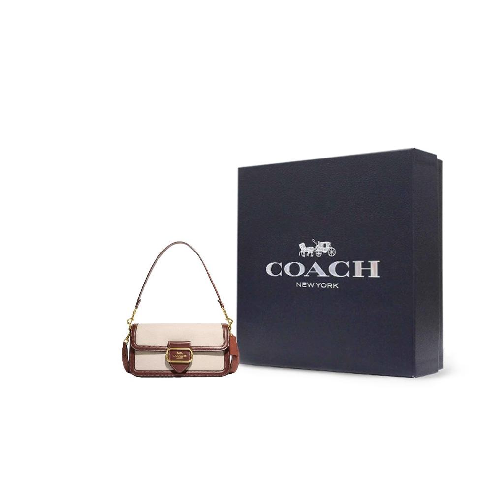 Coach Morgan 26 Metal Logo Snap Closure Canvas And Fine Calfskin Tote Shoulder Bag Medium Women handbags Gold Natural Multicolor CS191-IMNAM