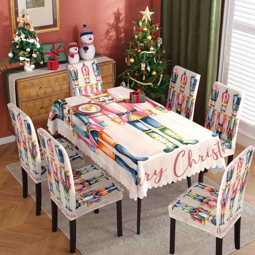 Christmas Printed Tablecloth Stretch Chair Covers Waterproof Dustproof Dining Set for Home Holiday Decor