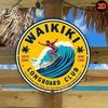 Vintage Waikiki Longboard Club Metal Sign Round Surf Wall Art Iron Beach Home Decor