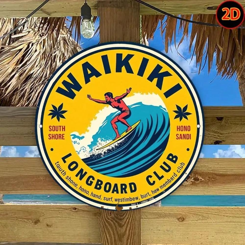Vintage Waikiki Longboard Club Metal Sign Round Surf Wall Art Iron Beach Home Decor