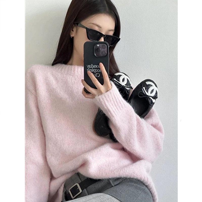 

2025 Cozy Soft Pink Knit Sweater for Women - Loose, Korean Style for Autumn/Winter S (Suggested for 85-95 jin) розовый
